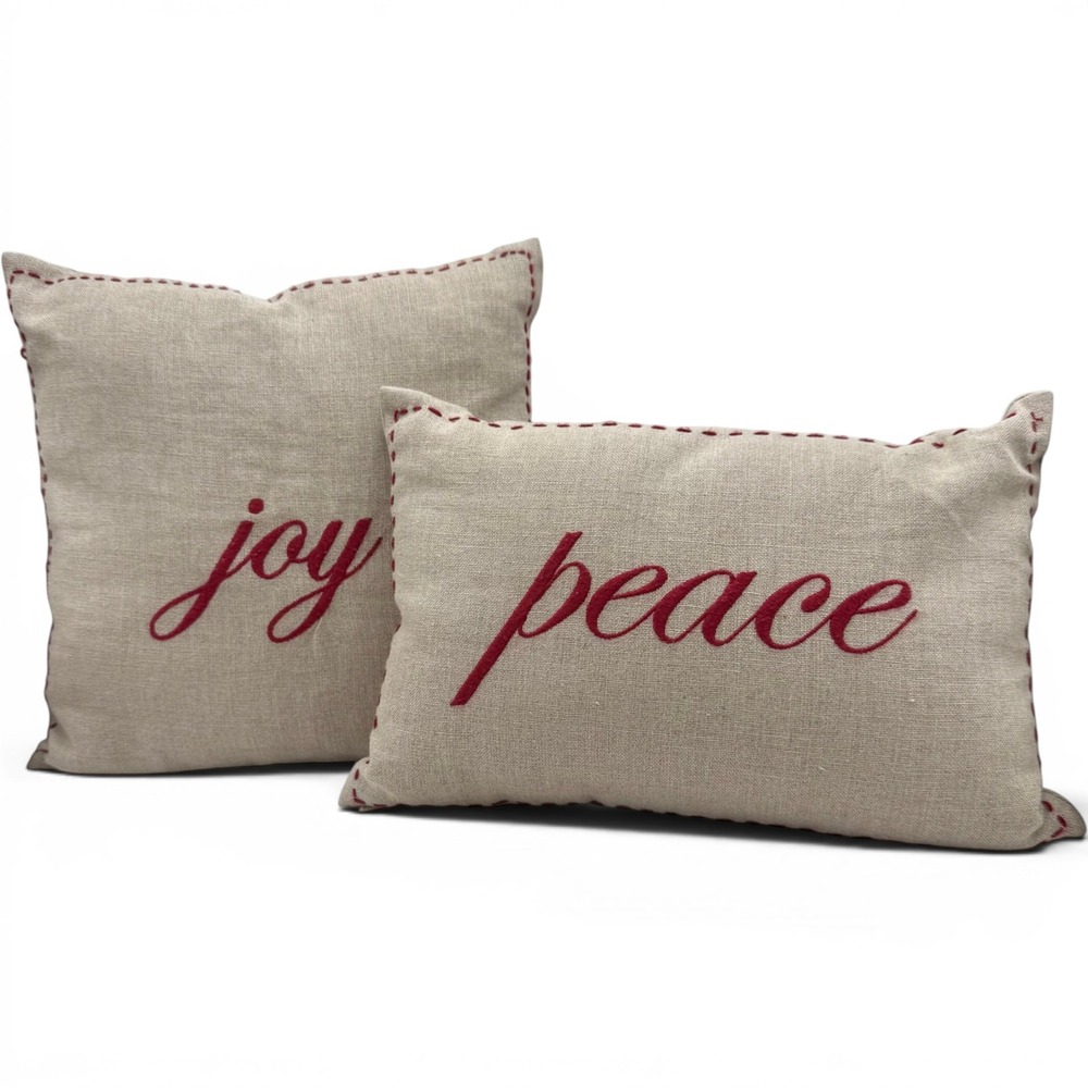 Pottery Barn Joy Peace Linen Christmas Pillows Set Red Embroidered 2009